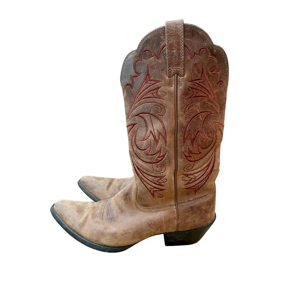 Ariat Women’s 9 B Brown Leather Embroidered Snip Toe Western Cowboy Boots